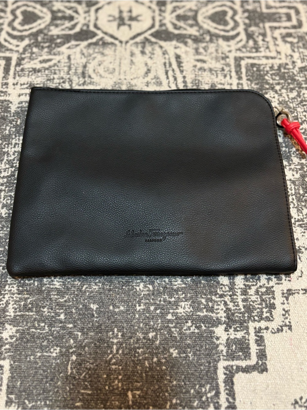 Salvatore Ferragamo Black Leather Zip Pouch with Red Pull